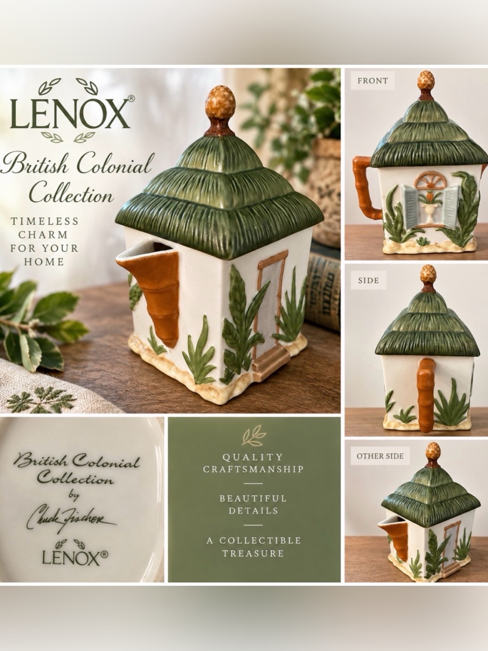 🤎VTG Lenox Green Brown Ceramic Creamer Container British Colonial Collection